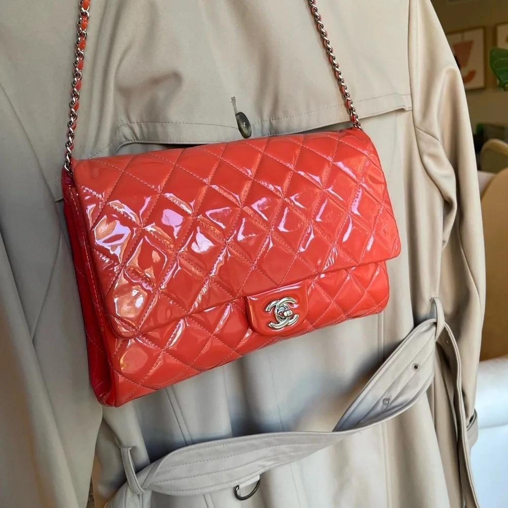 Gorgeous Chanel CC Quilted Patent Flap Clutch Chain Orange Silver Shoulder Bag